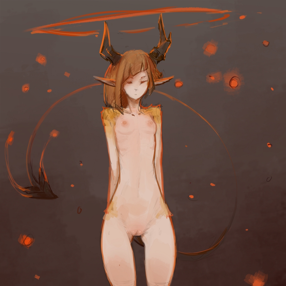 1:1 bangs breasts brown_hair butt_from_the_front demon demon_humanoid eyes_closed female genitals hair halo horn humanoid humanoid_pointy_ears navel nipples not_furry nude pussy ribs small_breasts small_waist solo spade_tail standing syvaron thigh_gap