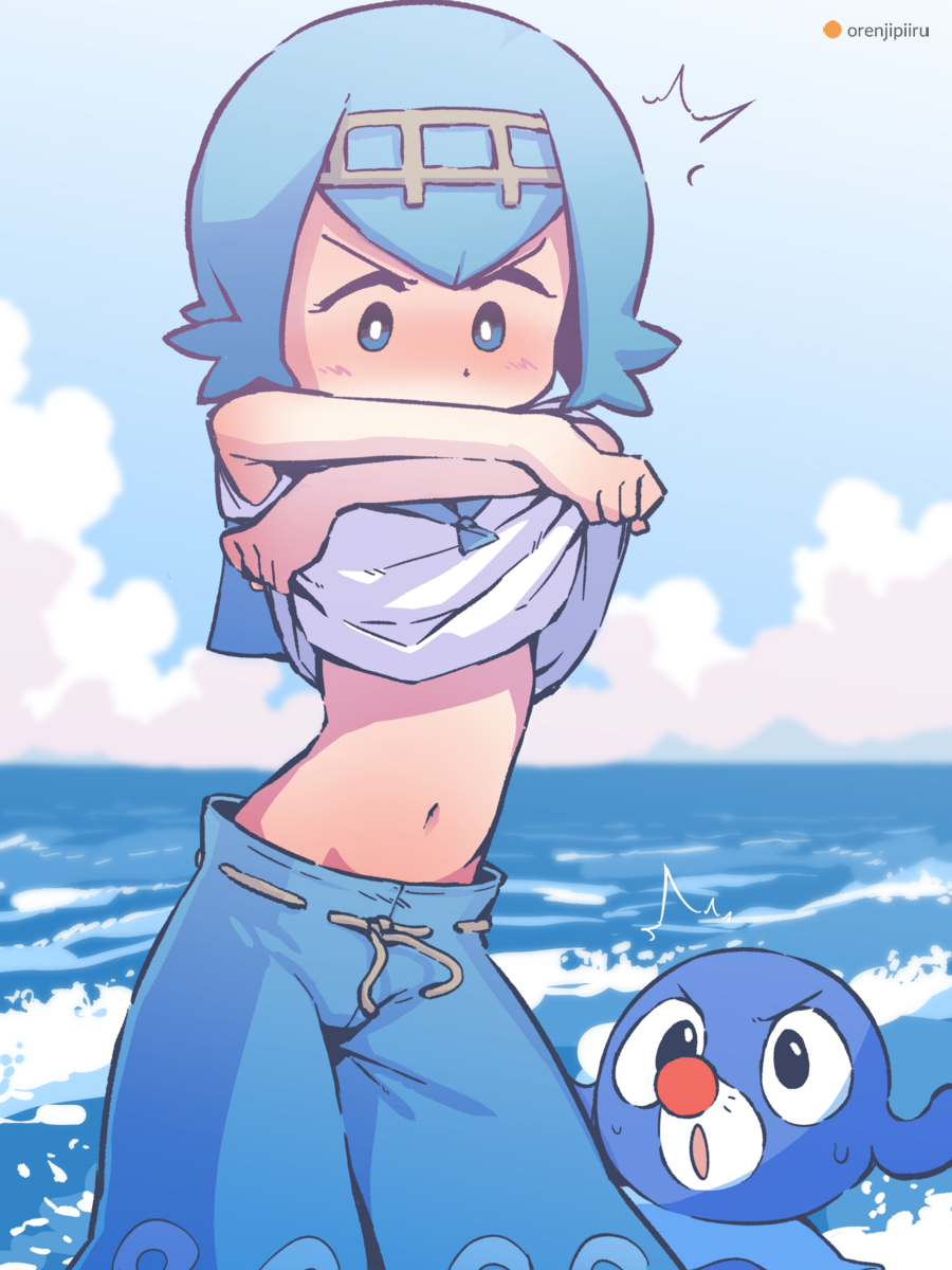 /\/\/\ 1girl arms_up artist_name bangs blue_background blue_eyes blue_hair blue_pants blue_sailor_collar blue_sky blue_theme blush brown_hairband cloud commentary_request day embarrassed english_commentary flat_chest gen_7_pokemon gradient_sky groin hairband highres horizon lana_(pokemon) lifted_by_self looking_at_another looking_down looking_up mixed-language_commentary navel nose_blush ocean open_mouth orange_peel_(artist) outdoors pants partial_commentary pokemon pokemon_(creature) pokemon_(game) pokemon_sm popplio sailor_collar shirt shirt_lift short_hair sky sleeveless sleeveless_shirt solo_focus standing stomach sweat undressing v-shaped_eyebrows water watermark waves white_shirt