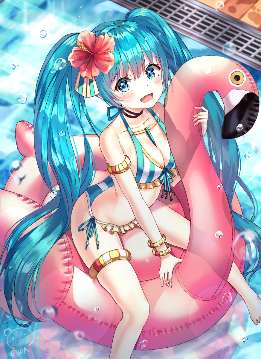 1girl :d bangs bare_shoulders barefoot bikini black_choker blue_eyes blue_hair blush breasts choker cleavage commentary_request eyebrows_visible_through_hair flower frilled_bikini frills from_above front-tie_bikini front-tie_top hair_between_eyes hair_flower hair_ornament halterneck hatsune_miku hibiscus highres innertube long_hair looking_at_viewer medium_breasts open_mouth pool red_flower ruda_(ruda_e) side-tie_bikini sitting smile solo striped swimsuit twintails vertical-striped_bikini vertical_stripes very_long_hair vocaloid water