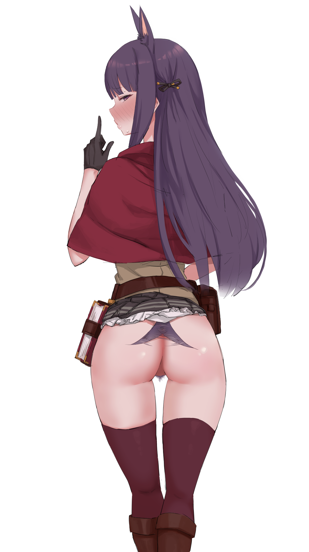 1girl animal_ear_fluff ass back belt book brown_belt capelet finger_to_mouth gloves go-m highres index_finger_raised kasumi_(princess_connect!) long_hair looking_back no_panties pouch princess_connect! princess_connect!_re:dive pubic_hair purple_eyes purple_hair red_capelet shushing skirt skirt_lift tail tail_wagging thighs