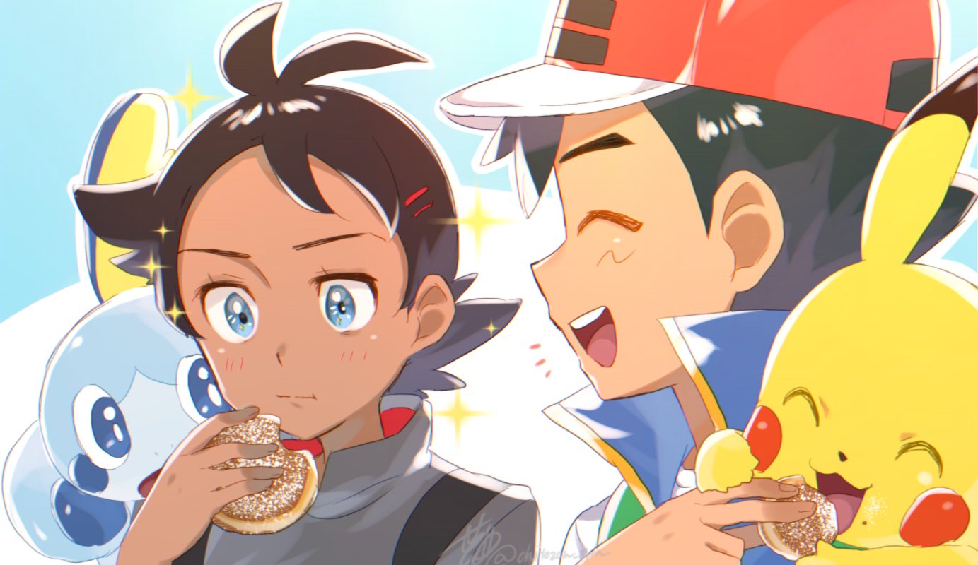 2boys :d antenna_hair ash_ketchum bangs baseball_cap blue_eyes blush brown_hair chitozen_(pri_zen) closed_mouth commentary_request eyelashes feeding gen_1_pokemon gen_8_pokemon goh_(pokemon) hand_up hat holding jacket male_focus multiple_boys open_mouth pikachu pokemon pokemon_(anime) pokemon_(creature) pokemon_swsh_(anime) shirt smile sobble sparkle starter_pokemon teeth tongue white_shirt