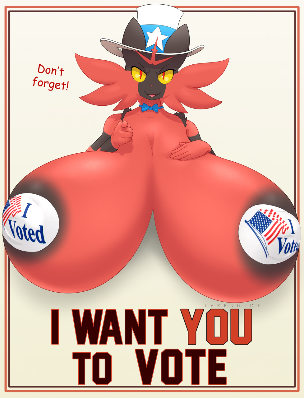 2020 anthro big_breasts breasts dialogue english_text female hi_res huge_breasts incineroar looking_at_viewer lysergide nintendo nipple_outline pok&eacute;mon pok&eacute;mon_(species) politics solo text tits_(lysergide) video_games