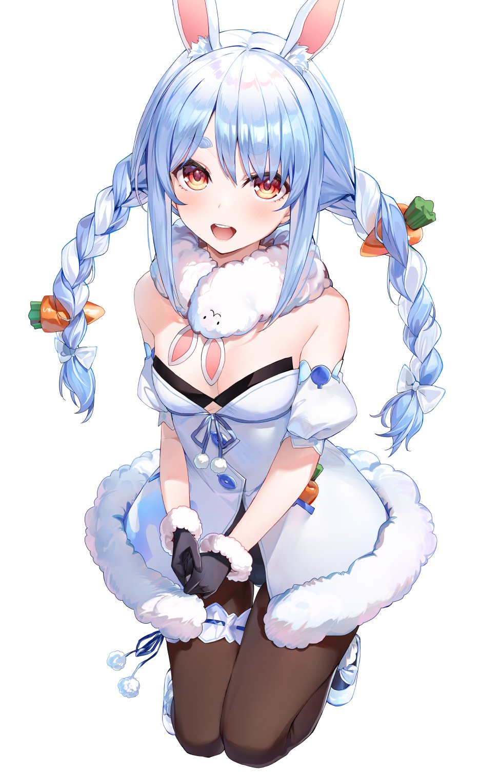 1girl animal_ears black_gloves blue_hair bow braid breasts brown_legwear bunny_ears carrot cleavage detached_sleeves don-chan_(usada_pekora) drawstring dress food_in_pocket food_on_hair full_body fur-trimmed_dress fur-trimmed_gloves fur_trim gloves hair_bow hakuishi_aoi hands_together highres hololive kneeling leotard_under_clothes looking_at_viewer multicolored_hair open_mouth orange_eyes pantyhose pom_pom_(clothes) ribbon-trimmed_garter sidelocks simple_background small_breasts solo strapless strapless_dress thick_eyebrows thigh_gap twin_braids twintails two-tone_hair usada_pekora white_background white_bow white_dress white_footwear white_hair