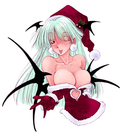 bat breasts christmas fuyube_rion hat holly huge_breasts long_hair lowres morrigan_aensland santa_costume santa_hat solo vampire_(game)