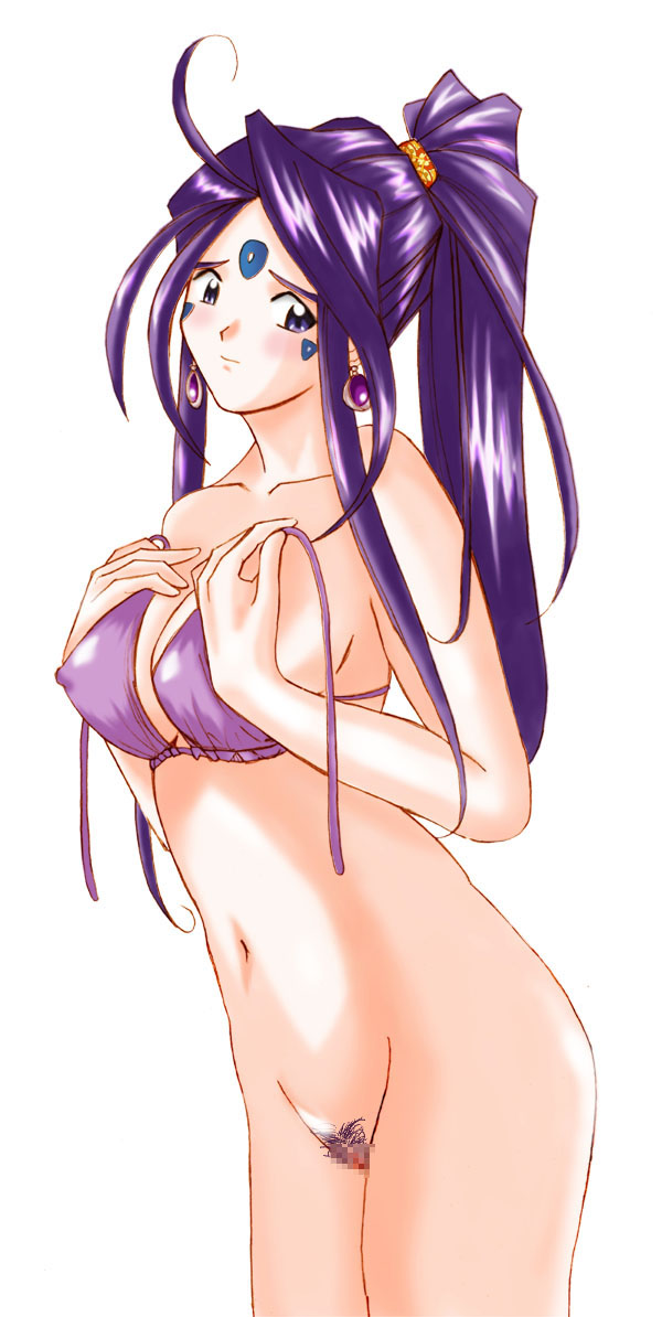 aa_megami-sama ahoge artist_request bikini bottomless breasts censored colored_pubic_hair covered_nipples earrings facial_mark forehead_mark jewelry medium_breasts mosaic_censoring pubic_hair purple_hair pussy skuld solo standing swimsuit untied untied_bikini