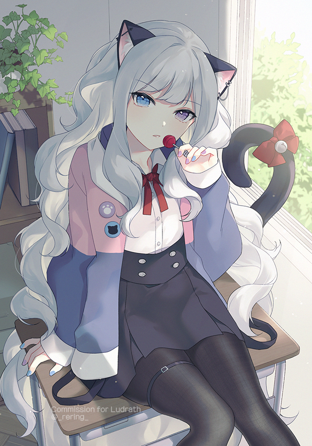 1girl animal_ear_fluff animal_ears arm_support bangs bell black_legwear black_skirt blue_eyes blue_nails bow candy cat_ears cat_girl cat_tail collared_shirt commentary_request commission desk dress_shirt ear_piercing eyebrows_visible_through_hair feet_out_of_frame food grey_hair hand_up heterochromia holding holding_candy holding_food holding_lollipop indoors jacket jingle_bell lollipop long_hair long_sleeves multicolored multicolored_nails nail_polish on_desk open_clothes open_jacket original pantyhose piercing pleated_skirt purple_eyes purple_nails red_bow shirt silltare sitting sitting_on_desk skirt sleeves_past_wrists solo tail tail_bell tail_bow tail_raised twitter_username very_long_hair white_shirt