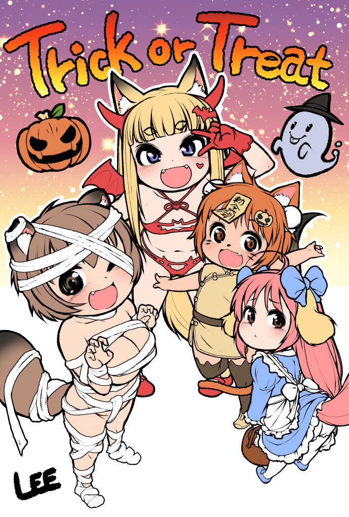 4girls ahoge animal_ear_fluff animal_ears apron arm_up arms_up bandages basket bat_hair_ornament belt bikini black_legwear blonde_hair bloomers blue_dress blue_eyes blue_footwear bow breasts brown_dress brown_eyes brown_footwear brown_hair cat_ears child china_dress chinese_clothes claw_pose cleavage commentary_request demon_wings dog_ears dog_tail dress dress_lift eru_(lee) facial_mark fake_horns fang fangs flat_chest fox_ears fox_tail full_body ghost gloves hair_bow hair_ornament hairband hairclip halloween halloween_costume heart horns jack-o'-lantern jiangshi komugi_(lee) large_breasts lee_(colt) long_hair mary_janes miku_(lee) momo_(lee) multiple_girls naked_bandage navel ofuda one_eye_closed open_mouth original pink_hair pumpkin raccoon_ears raccoon_tail red_bikini red_footwear red_gloves ribbon shoes short_dress short_hair smile standing standing_on_one_leg swimsuit tail thighhighs trick_or_treat underwear v waving white_apron wings