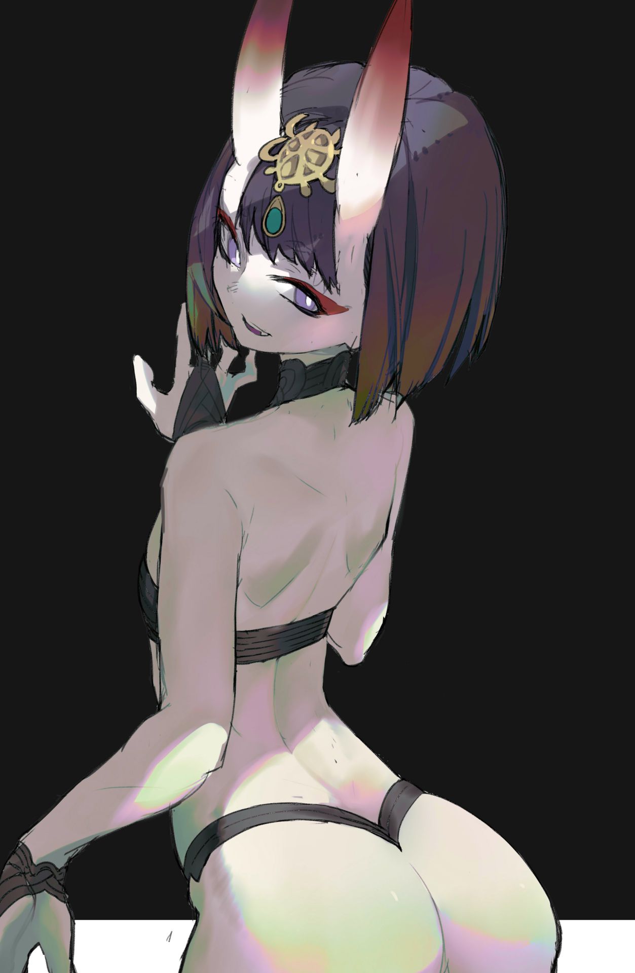 1girl ass back bare_shoulders black_background eyebrows_visible_through_hair fate/grand_order fate_(series) gradient gradient_horns highres horns lamian_(pixiv415608) looking_back multicolored_horns parted_lips purple_eyes purple_hair short_hair shuten_douji_(fate/grand_order) sketch smile solo teeth upper_teeth