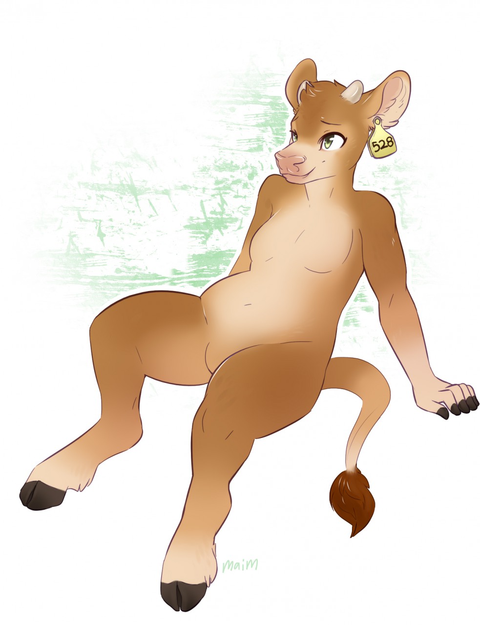 anthro bovid bovine breasts brown_body brown_fur cattle ear_tag featureless_breasts featureless_crotch female fur green_eyes hi_res hooves horn maim mammal slightly_chubby solo