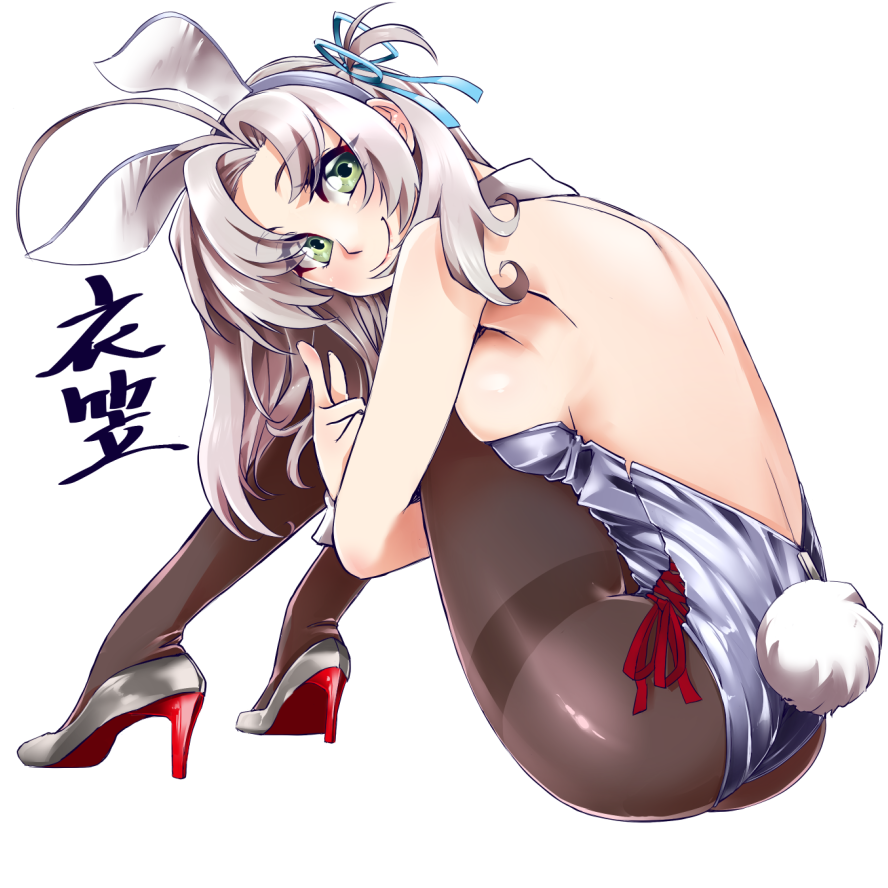 1girl animal_ears ass black_legwear breasts bunny_ears bunny_tail character_name commentary_request detached_collar full_body green_eyes grey_hair hair_tie high_heels kantai_collection kinugasa_(kantai_collection) leotard looking_at_viewer medium_breasts one_side_up pantyhose playboy_bunny remodel_(kantai_collection) silver_leotard silver_shoes simple_background sitting solo strapless strapless_leotard tail thighband_pantyhose uzuki_kosuke white_background wrist_cuffs