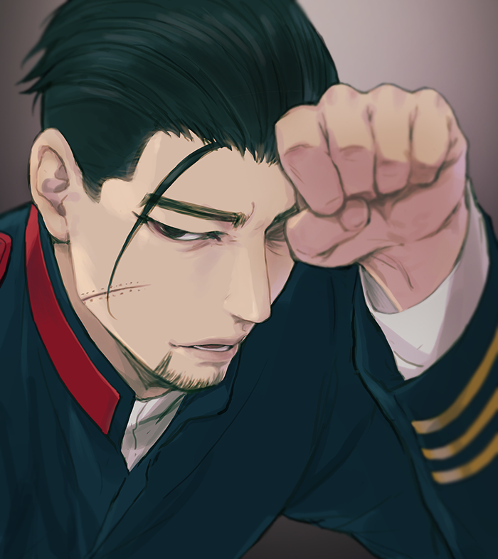 1boy black_eyes black_hair close-up closed_mouth elbow_rest face facial_hair facial_scar goatee golden_kamuy hair_slicked_back hair_strand isa_(peien516) long_sleeves looking_at_viewer male_focus military military_uniform ogata_hyakunosuke scar scar_on_cheek shirt short_hair simple_background solo uniform upper_body