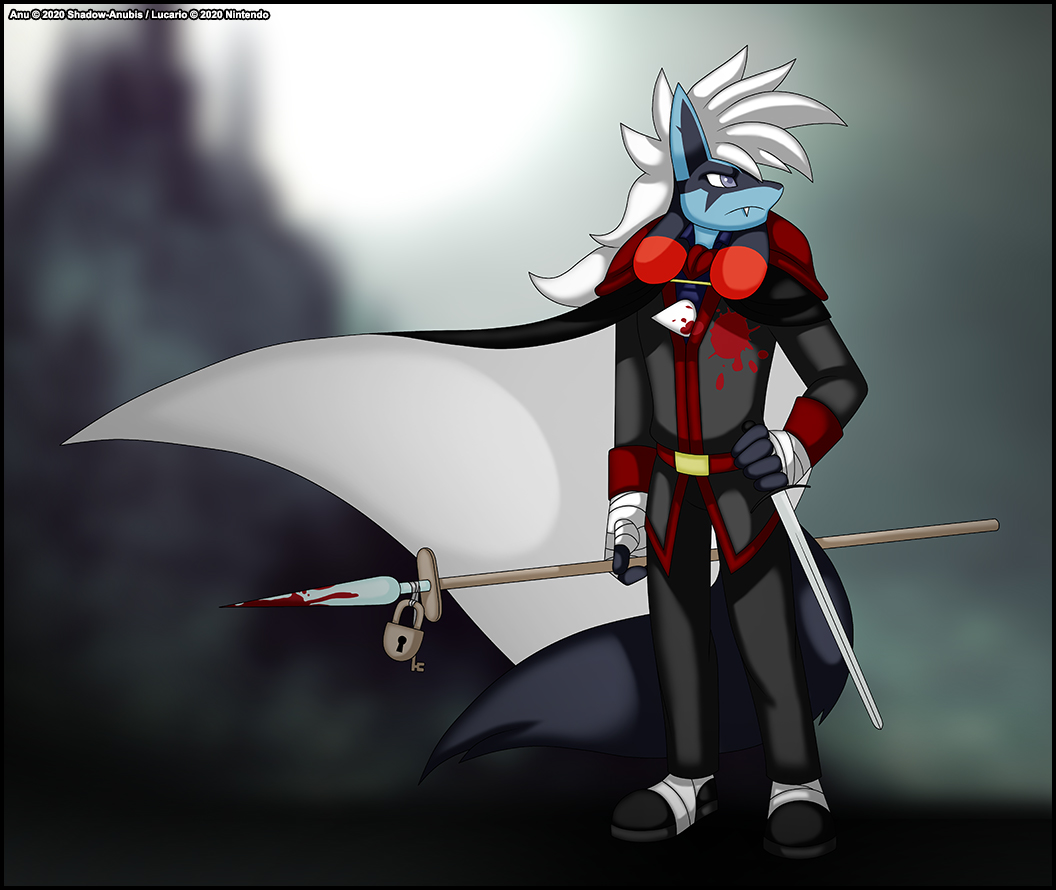 anthro bdsm black_border blood_stain blue_body blue_fur bondage border bound cape castlevania clothing crossover footwear fur hair humanoid keys konami lock long_tail lucario male melee_weapon nintendo pok&eacute;mon pok&eacute;mon_(species) polearm purple_eyes shoes solo spear spikes spiky_hair tagme verona7881 verona_(artist) video_games weapon white_hair