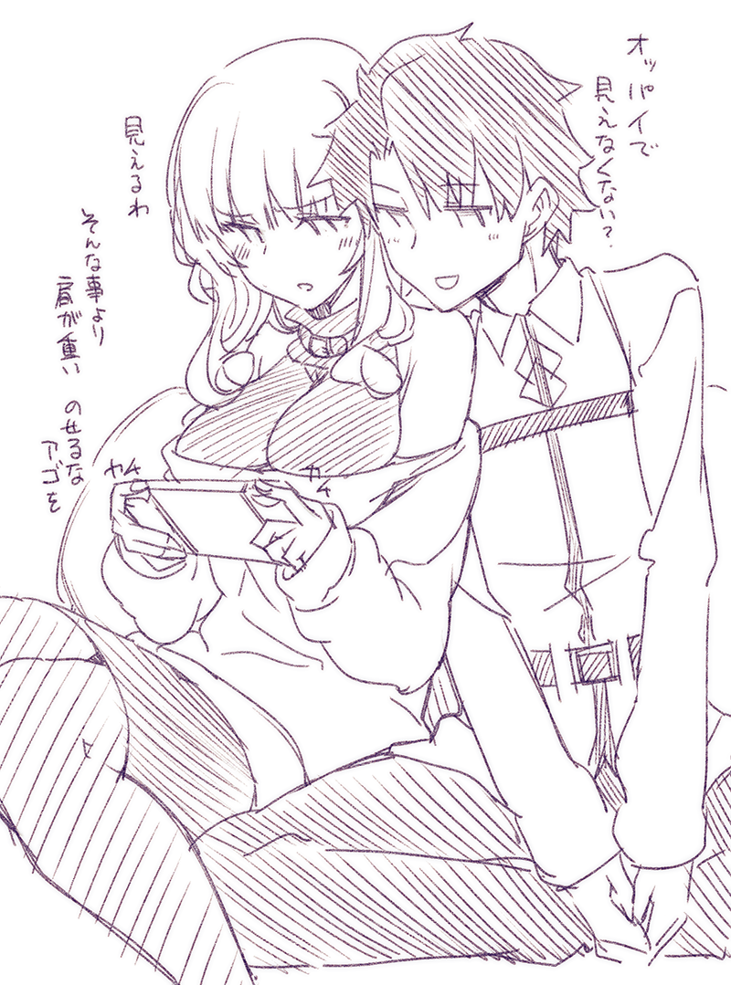 1boy 1girl bangs breasts carmilla_(fate/grand_order) chaldea_uniform contemporary curly_hair fate/grand_order fate_(series) fue_(rhomphair) fujimaru_ritsuka_(male) large_breasts lineart long_hair looking_at_viewer off-shoulder_sweater off_shoulder short_hair sitting skirt smile spiked_hair sweater translation_request