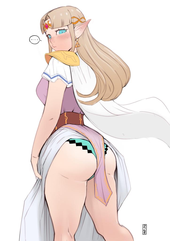 ... 1girl aqua_eyes aqua_panties armor ass blonde_hair blush cape circlet commentary earrings embarrassed english_commentary forehead_jewel from_behind jewelry long_hair long_pointy_ears looking_back nose_blush panties pointy_ears princess_zelda shoulder_armor skirt solo spoken_ellipsis sweatdrop the_legend_of_zelda the_legend_of_zelda:_a_link_between_worlds thejnsdh triangle_earrings triforce underwear white_cape