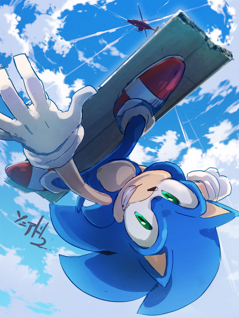 1boy aircraft animal_nose blue_sky cloud falling furry gloves green_eyes grin helicopter highres looking_at_viewer male_focus msg01 red_footwear shoes sky smile sneakers solo sonic sonic_adventure_2 sonic_the_hedgehog upside-down white_gloves