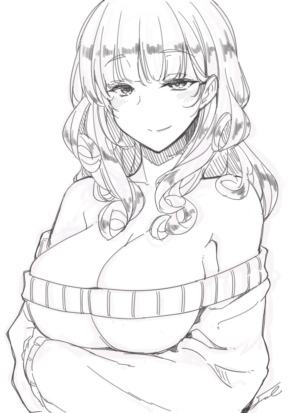 1girl bangs bare_shoulders blush breasts carmilla_(fate/grand_order) cleavage collarbone contemporary curly_hair fate/grand_order fate_(series) fue_(rhomphair) highres large_breasts lineart long_hair long_sleeves looking_at_viewer off-shoulder_sweater off_shoulder smile sweater