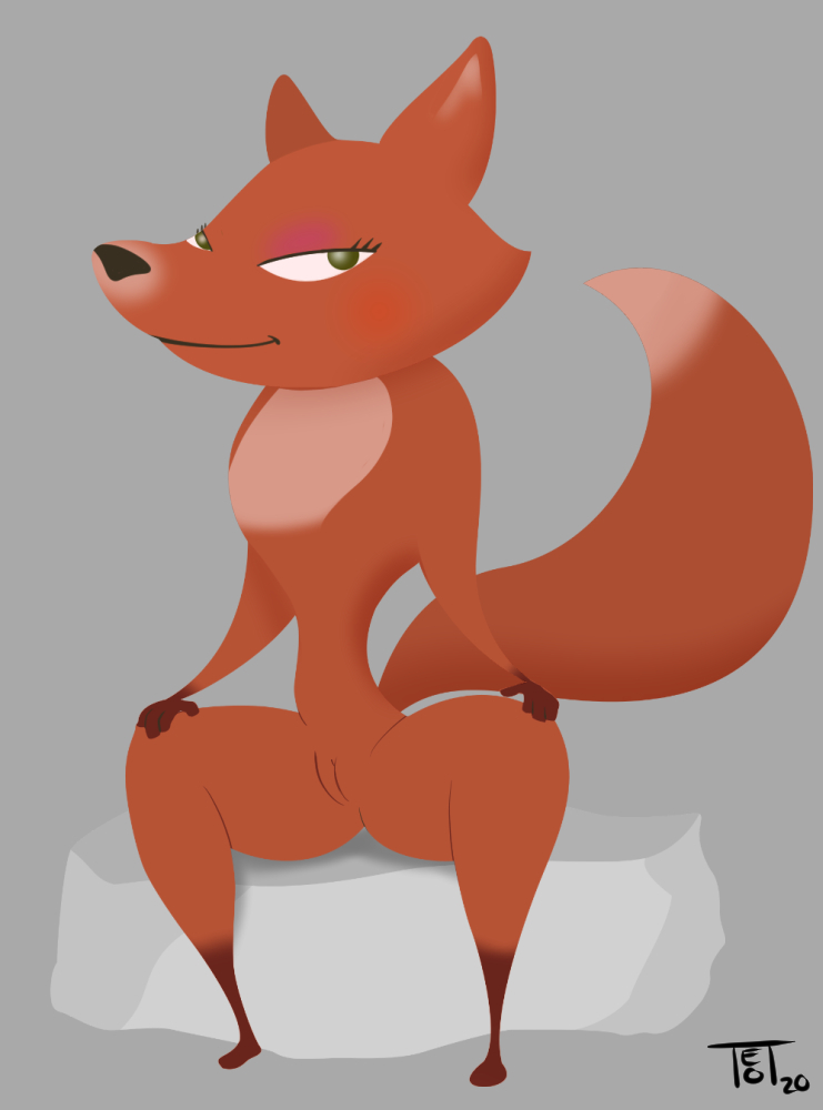 anthro big_head canid canine female fox fox_(skunk_fu) genitals mammal presenting presenting_pussy pussy red_body simple_background sitting skunk_fu solo teot toony vector