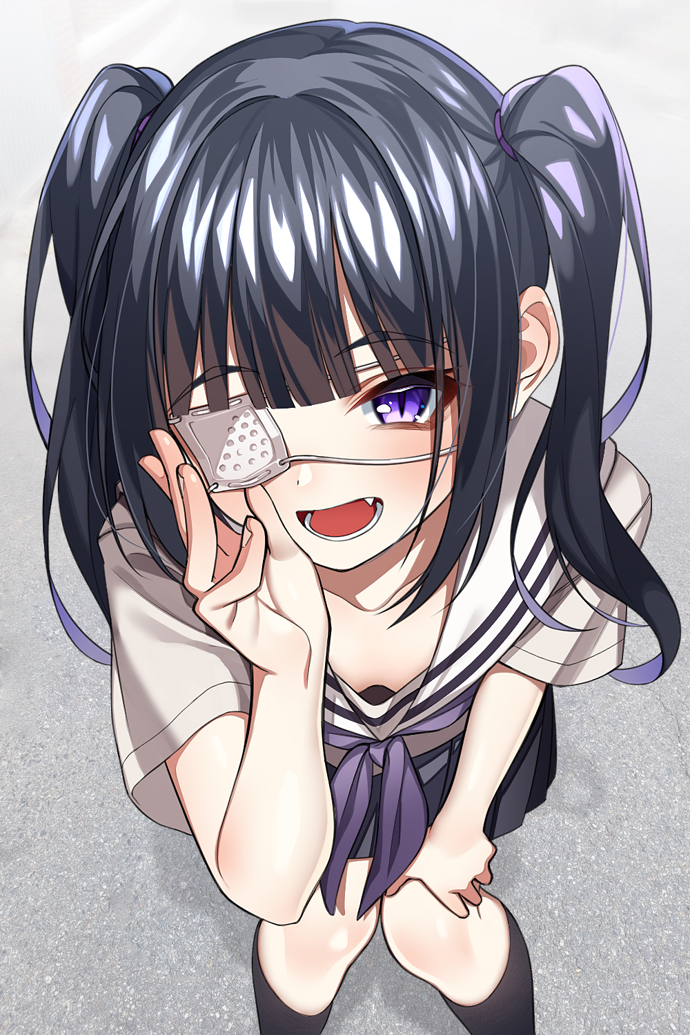 1girl :d bangs black_hair black_legwear black_skirt commentary_request eyebrows_visible_through_hair eyepatch fang hand_on_own_knee hand_up highres kneehighs leaning_forward long_hair looking_at_viewer medical_eyepatch neckerchief open_mouth original pleated_skirt purple_eyes purple_neckwear sailor_collar shirt short_sleeves skirt smile solo standing the_cold twintails white_sailor_collar white_shirt