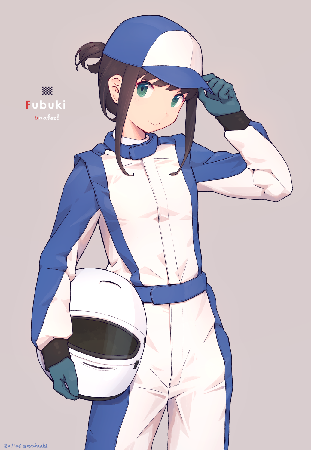 1girl black_hair blue_gloves character_name closed_mouth dated fubuki_(kantai_collection) gloves green_eyes grey_background hat helmet highres holding holding_helmet kantai_collection long_sleeves medium_hair nakaaki_masashi official_alternate_costume pants racing_suit short_ponytail sidelocks simple_background smile solo standing twitter_username