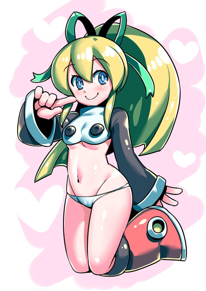 1girl blonde_hair blue_eyes breasts closed_mouth green_ribbon hair_ribbon long_hair looking_at_viewer panties ponytail ribbon rockman rockman_(classic) roll_(rockman) smile solo tukiwani underwear