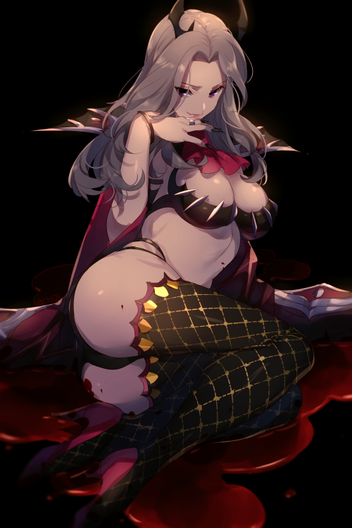 1girl alternate_costume ascot ass bikini black_background black_bikini black_nails black_swimsuit blood breasts cape carmilla_(fate/grand_order) cis05 cleavage closed_mouth commentary_request fate/grand_order fate_(series) forehead hair_ornament hand_on_own_chin high_heels jewelry lips long_hair looking_at_viewer lying medium_breasts nail nail_polish purple_eyes red_cape red_neckwear ring simple_background smile solo swimsuit thighhighs white_hair
