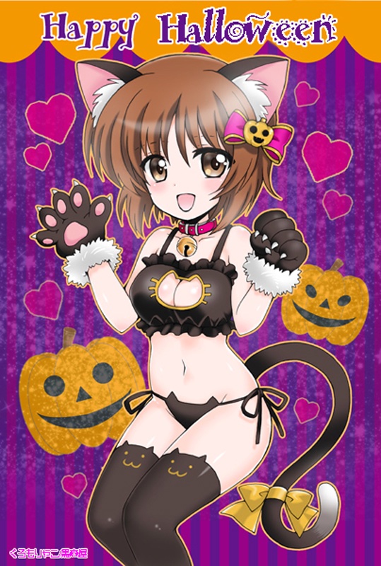 1girl :d animal_ears artist_name bangs bell bell_collar black_bra black_legwear black_panties bow bra breasts brown_eyes brown_hair burafu cat_cutout cat_ear_panties cat_lingerie cleavage_cutout clothing_cutout collar commentary dog_collar english_text fake_animal_ears fake_tail girls_und_panzer gloves hair_bow hair_ornament halloween halloween_costume happy_halloween heart heart_print jack-o'-lantern jack-o'-lantern_hair_ornament jack-o'-lantern_print looking_at_viewer medium_breasts meme_attire navel nishizumi_miho open_mouth panties paw_gloves paws purple_background purple_bow red_collar ribbon short_hair side-tie_panties smile solo standing striped striped_background tail tail_ribbon thighhighs underwear underwear_only vertical_stripes waving