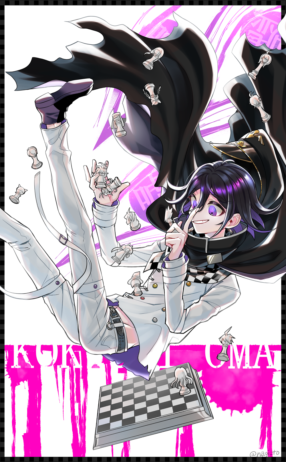 1boy akamatsu_kaede amami_rantarou bangs belt black_belt black_cape black_hair board_game cape chabashira_tenko character_name checkered checkered_scarf chess chess_piece chessboard commentary_request danganronpa double-breasted falling from_side gokuhara_gonta grin harukawa_maki highres holding_chess_piece hoshi_ryouma index_finger_raised iruma_miu keebo legs_up long_sleeves male_focus momota_kaito nagi_to_(kennkenn) new_danganronpa_v3 ouma_kokichi pants purple_eyes purple_hair saihara_shuuichi scarf shinguuji_korekiyo shirogane_tsumugi shoes smile solo straitjacket toujou_kirumi white_pants yonaga_angie yumeno_himiko