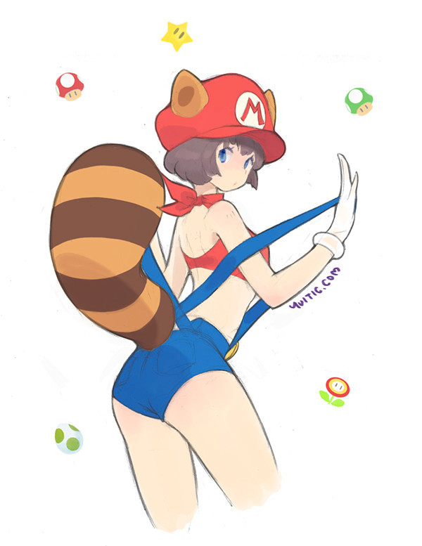 1girl animal_ears blue_eyes brown_hair fire_flower genderswap genderswap_(mtf) hat looking_back mario mario_(series) mushroom raccoon_ears raccoon_tail red_headwear short_hair solo starman_(mario) tail white_background yui35