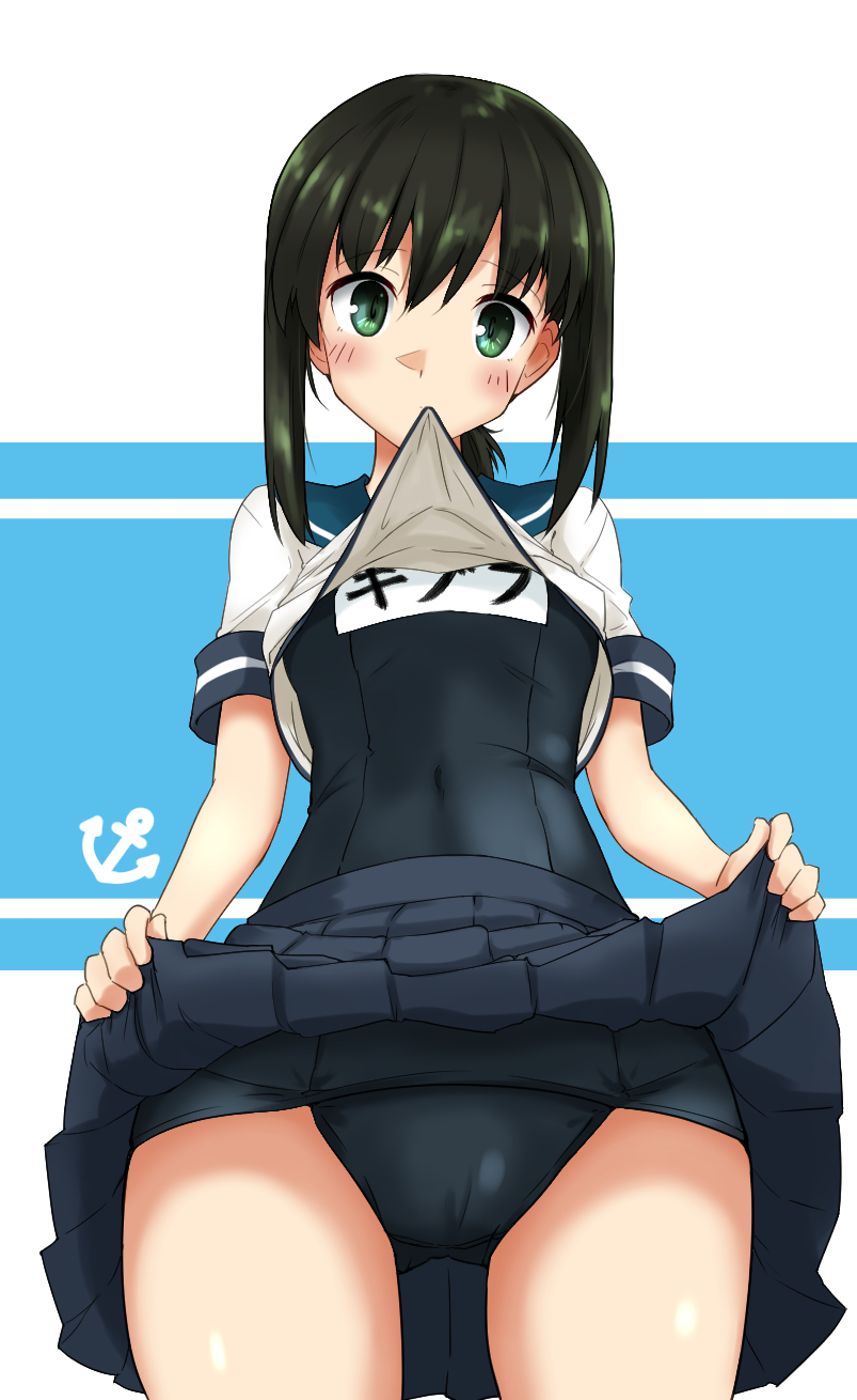 1girl anchor_symbol black_hair blue_sailor_collar blue_skirt blue_swimsuit commentary_request covered_navel cowboy_shot from_below fubuki_(kantai_collection) green_eyes highres kantai_collection lifted_by_self looking_at_viewer low_ponytail mouth_hold name_tag pleated_skirt ponytail sailor_collar school_swimsuit shiba_(zudha) shirt_lift short_ponytail sidelocks skirt skirt_lift solo swimsuit two-tone_background white_background