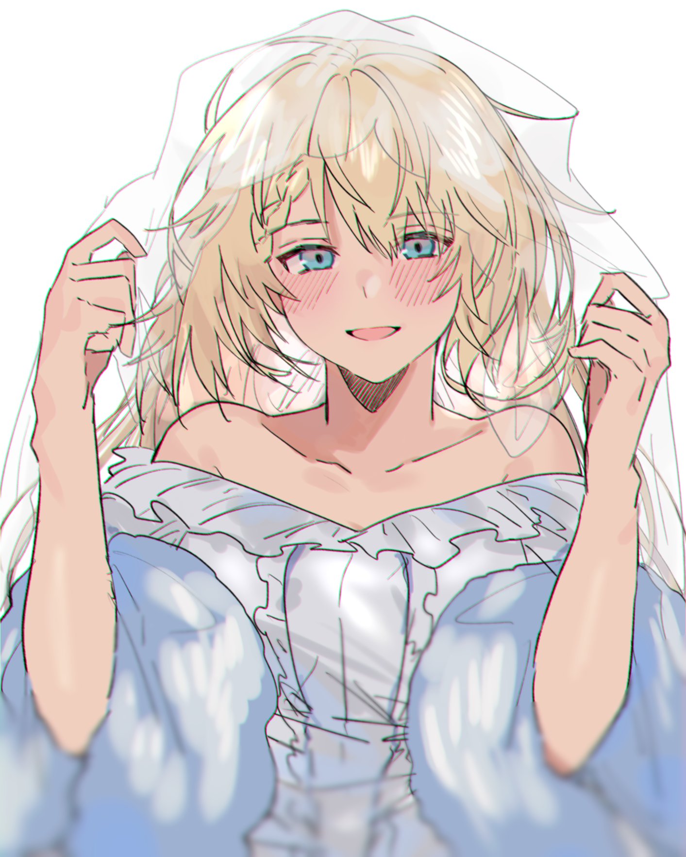 1girl aogisa bare_shoulders blonde_hair blue_eyes blush bridal_veil collarbone dress eyebrows_visible_through_hair fur girls_frontline hands_up highres long_hair looking_at_viewer open_mouth s.a.t.8_(girls_frontline) solo veil veil_lift wedding_dress white_background