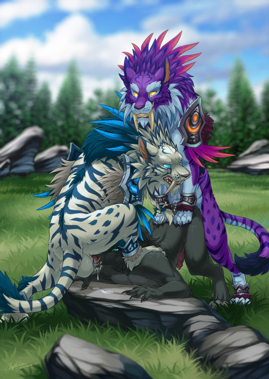 2020 anal anal_penetration anthro anthro_on_feral anthro_penetrated bestiality blizzard_entertainment canid day detailed_background digital_media_(artwork) druid felid feral feral_penetrating feral_penetrating_anthro fur group hi_res hyhlion machairodontine magic_user male male/male male_penetrated male_penetrating male_penetrating_male mammal oral outside penetration purple_body purple_fur sex sky tribal_spellcaster video_games warcraft were werecanid worgen