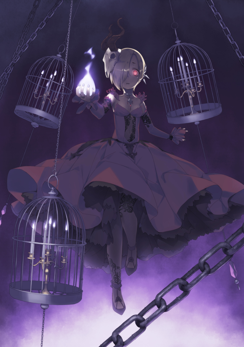 1girl bangs birdcage blonde_hair breasts cage candle candlestand chain covered_navel cow_skull dress fire frilled_dress frills gahaku glowing glowing_eyes hair_ornament hair_over_one_eye highres idolmaster idolmaster_cinderella_girls long_sleeves open_mouth red_dress red_eyes shirasaka_koume short_hair skull small_breasts solo