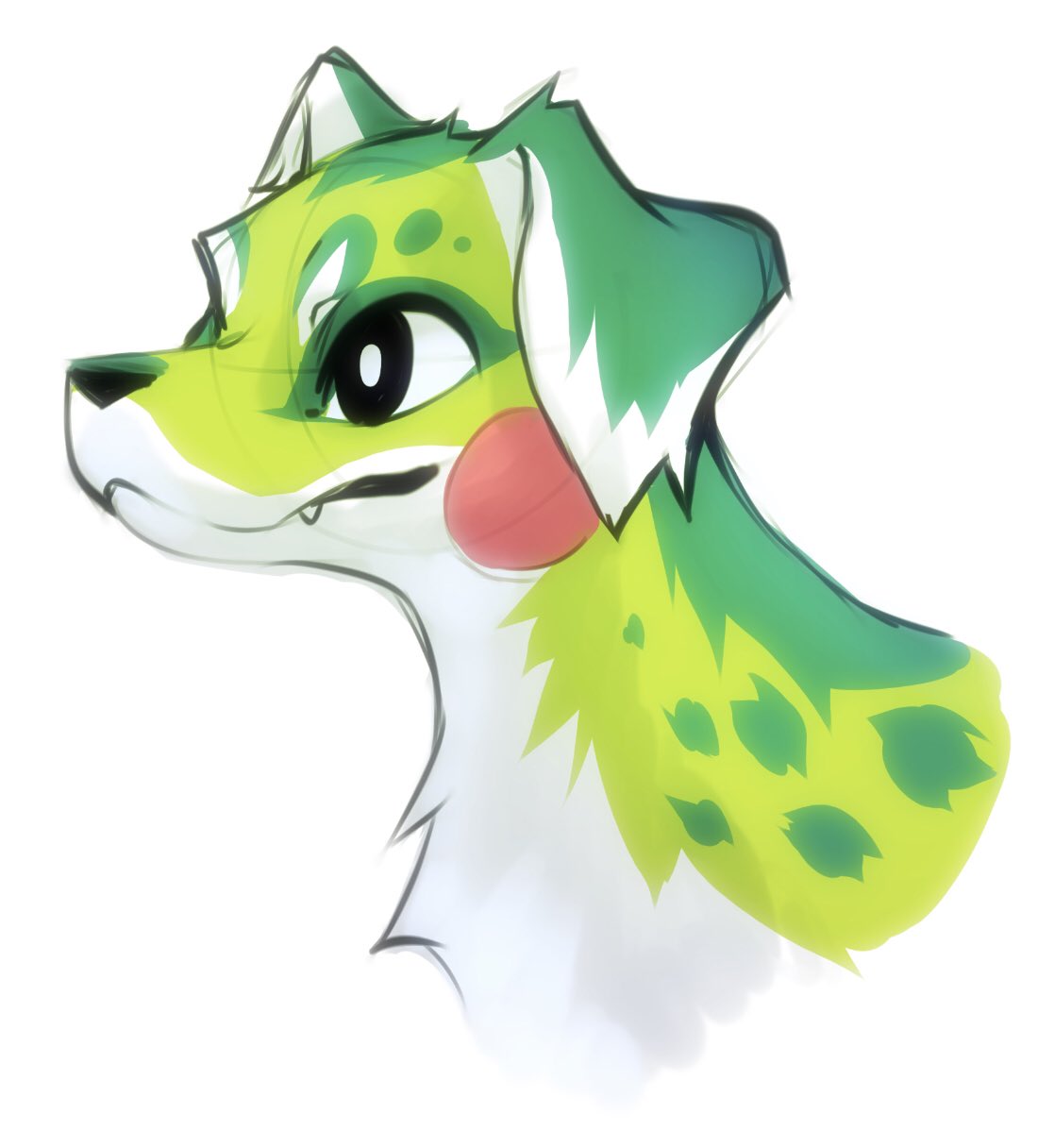 2020 canid canine canis cute_fangs domestic_dog falvie feral floppy_ears fur green_body green_fur green_spots hi_res mammal simple_background solo spots white_background white_body white_fur