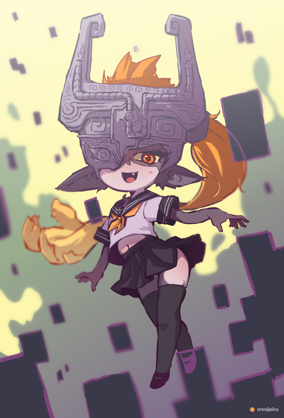 1girl fang floating helmet highres imp midna miniskirt multicolored multicolored_skin one_eye_covered open_mouth orange_hair orange_peel_(artist) pointy_ears prehensile_hair sailor_collar school_uniform serafuku short_stack skirt smile solo the_legend_of_zelda the_legend_of_zelda:_twilight_princess thighhighs two-tone_skin