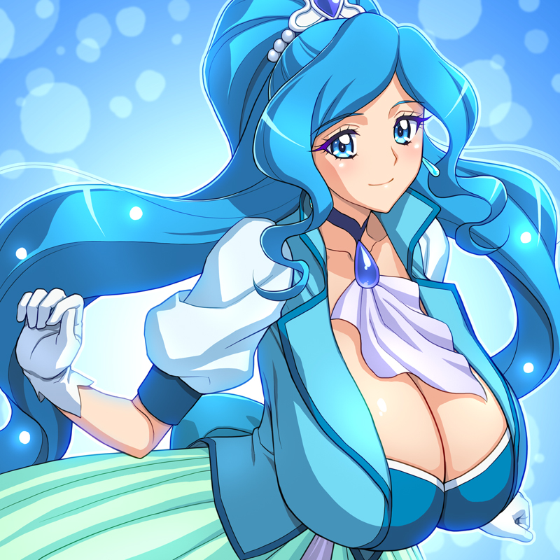 1girl alternate_breast_size blue_background blue_choker blue_hair breasts choker cleavage closed_mouth cure_fontaine gloves healin'_good_precure huge_breasts long_hair looking_at_viewer magaki_ryouta magical_girl precure sawaizumi_chiyu smile solo tiara white_gloves