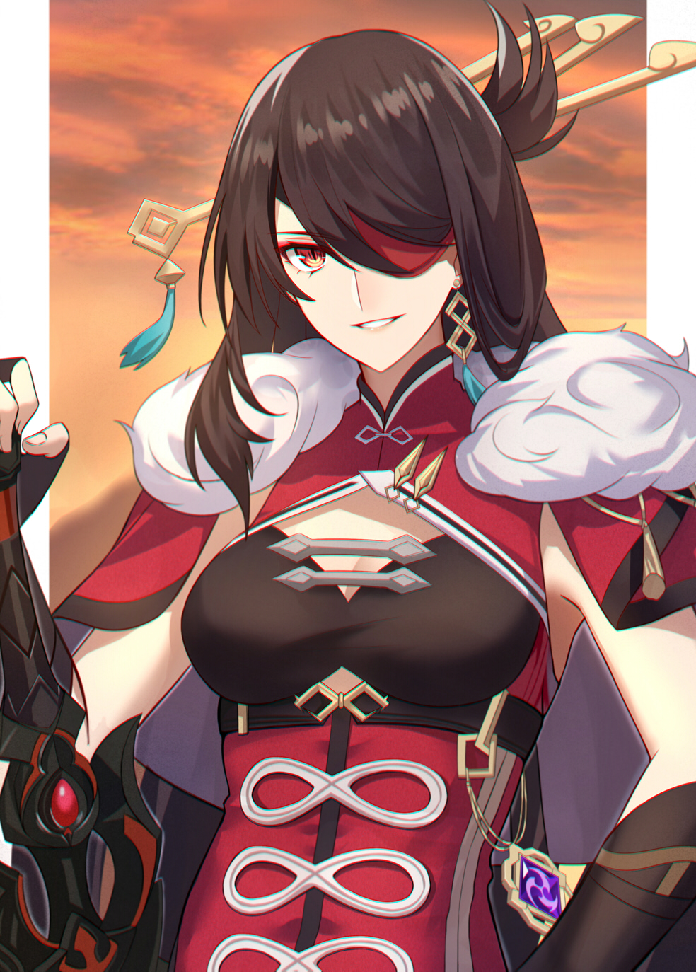 1girl bangs beidou_(genshin_impact) breasts brown_hair capelet chinese_clothes cleavage commentary dress earrings eyepatch genshin_impact gloves grin hair_ornament hair_over_one_eye hand_up highres holding holding_weapon jewelry large_breasts long_hair looking_at_viewer parted_lips red_capelet red_eyepatch red_eyes shiguru slit_pupils smile solo upper_body weapon