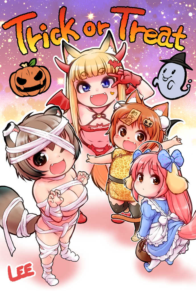 4girls ahoge animal_ear_fluff animal_ears apron arm_up arms_up bandages basket bat_hair_ornament belt bikini black_legwear blonde_hair bloomers blue_dress blue_eyes blue_footwear bow breasts brown_dress brown_eyes brown_footwear brown_hair cat_ears child china_dress chinese_clothes claw_pose cleavage commentary_request demon_wings dog_ears dog_tail dress dress_lift eru_(lee) facial_mark fake_horns fang fangs flat_chest fox_ears fox_tail full_body ghost gloves hair_bow hair_ornament hairband hairclip halloween halloween_costume heart horns jack-o'-lantern jiangshi komugi_(lee) large_breasts lee_(colt) long_hair mary_janes miku_(lee) momo_(lee) multiple_girls naked_bandage navel ofuda one_eye_closed open_mouth original pink_hair pumpkin raccoon_ears raccoon_tail red_bikini red_footwear red_gloves ribbon shoes short_dress short_hair smile standing standing_on_one_leg swimsuit tail thighhighs trick_or_treat underwear v waving white_apron wings