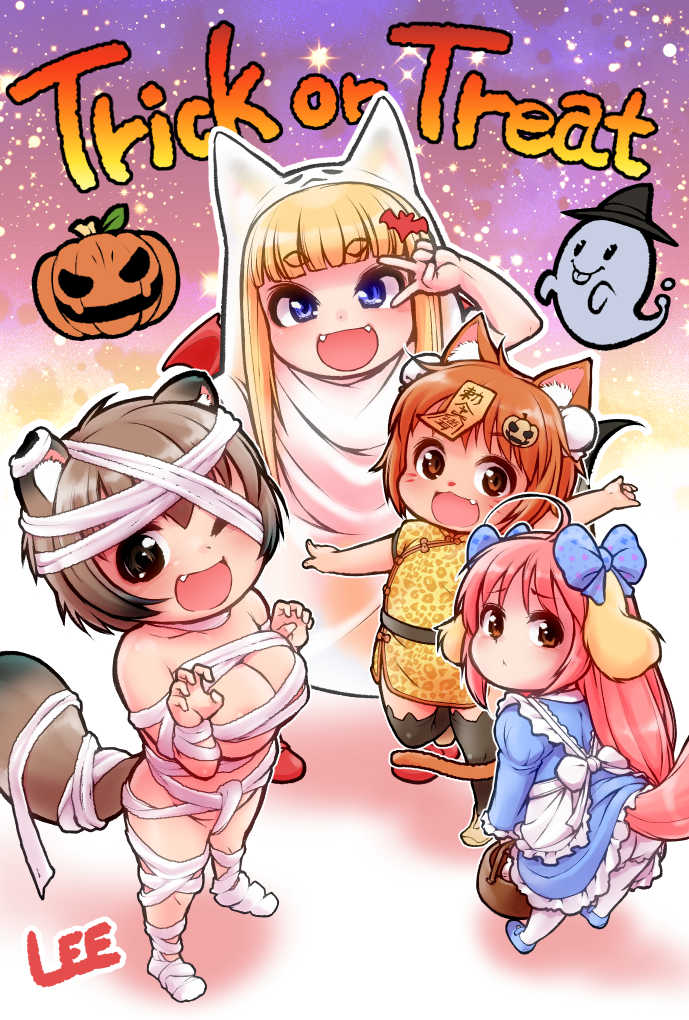 4girls ahoge animal_ear_fluff animal_ears apron arm_up arms_up bandages basket bat_hair_ornament belt black_legwear blonde_hair bloomers blue_dress blue_eyes blue_footwear bow breasts brown_dress brown_eyes brown_footwear brown_hair cat_ears child china_dress chinese_clothes claw_pose cleavage commentary_request demon_wings dog_ears dog_tail dress dress_lift eru_(lee) facial_mark fake_horns fang fangs flat_chest fox_ears fox_tail full_body ghost ghost_costume gloves hair_bow hair_ornament hairband hairclip halloween halloween_costume heart horns jack-o'-lantern jiangshi komugi_(lee) large_breasts lee_(colt) long_hair mary_janes miku_(lee) momo_(lee) multiple_girls naked_bandage navel ofuda one_eye_closed open_mouth original pink_hair pumpkin raccoon_ears raccoon_tail red_footwear red_gloves ribbon shoes short_dress short_hair smile standing standing_on_one_leg swimsuit tail thighhighs trick_or_treat underwear v waving white_apron wings