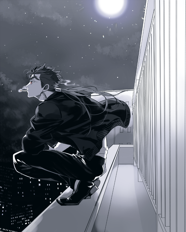 1boy beads building cigarette cu_chulainn_(fate)_(all) earrings fate/stay_night fate_(series) floating_hair from_side full_body hair_beads hair_ornament jacket jewelry lancer long_hair male_focus moon night night_sky outdoors pants ponytail red_eyes shoes sky smoke smoking solo spiked_hair squatting star_(sky) starry_sky tatsuta_age type-moon