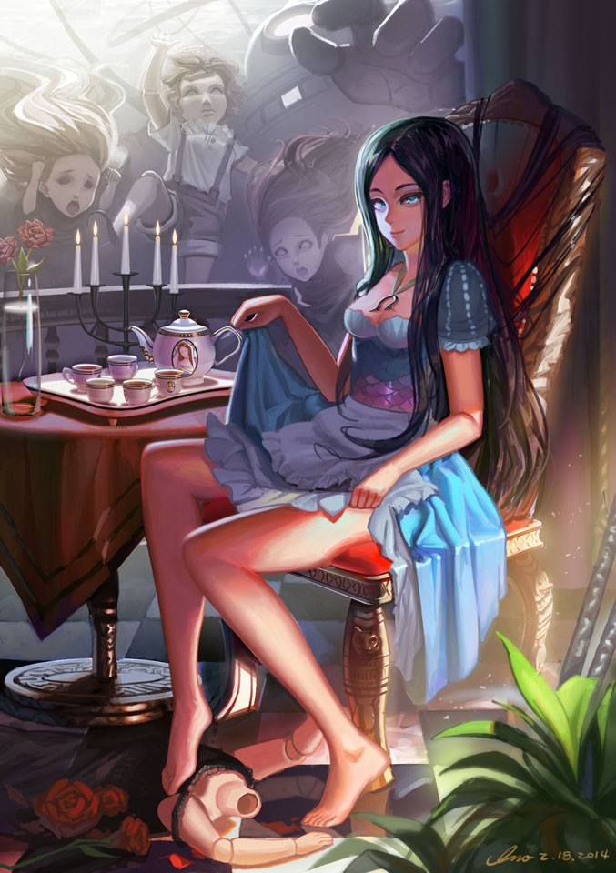 alice:_madness_returns alice_(wonderland) alice_in_wonderland american_mcgee's_alice bioshock black_hair breasts closed_mouth crossover doll dress feet inoi jewelry jupiter_symbol long_hair looking_at_viewer multiple_boys multiple_girls necklace smile