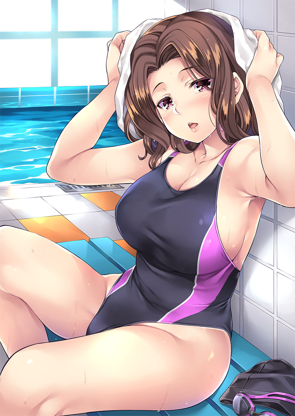 1girl armpits bangs bare_shoulders black_swimsuit blush breasts brown_hair cleavage collarbone competition_swimsuit day drying drying_hair eyebrows_visible_through_hair eyelashes goggles groin hands_up highres large_breasts looking_at_viewer medium_hair mizuhara_yuu navel non-web_source one-piece_swimsuit open_mouth original parted_bangs photoshop_(medium) pink_lips pool purple_eyes sitting solo swimsuit towel towel_on_head upper_teeth water wet wet_clothes wet_hair wet_swimsuit white_towel window