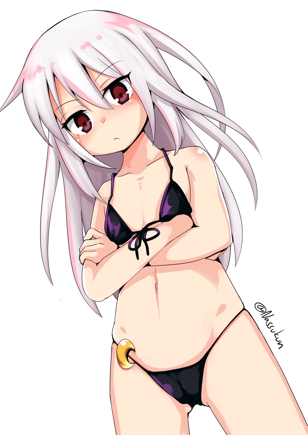 1girl bikini black_bikini cameltoe commentary_request cowboy_shot crescent crescent_moon_pin crossed_arms flat_chest front-tie_top highres kantai_collection kikuzuki_(kantai_collection) long_hair looking_at_viewer nassukun red_eyes simple_background solo standing swimsuit twitter_username white_background white_hair