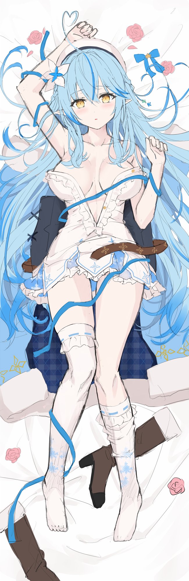 1girl ahoge arm_up bare_shoulders bed_sheet beret blue_coat blue_hair blue_skirt blush boots boots_removed braid breasts brown_footwear cleavage coat coat_removed collarbone commentary corset dakimakura eyebrows_visible_through_hair flower frilled_skirt frills from_above hair_between_eyes hair_flower hair_ornament hat heart_ahoge high_heel_boots high_heels highres hololive light_blue_hair long_hair looking_at_viewer lying medium_breasts miniskirt multicolored_hair on_back open_clothes parted_lips pointy_ears ribbon rin_yuu shirt skirt sleeveless snowflake_print streaked_hair thighhighs thighhighs_pull thighs two-tone_hair virtual_youtuber white_headwear white_legwear white_shirt work_in_progress yellow_eyes yukihana_lamy