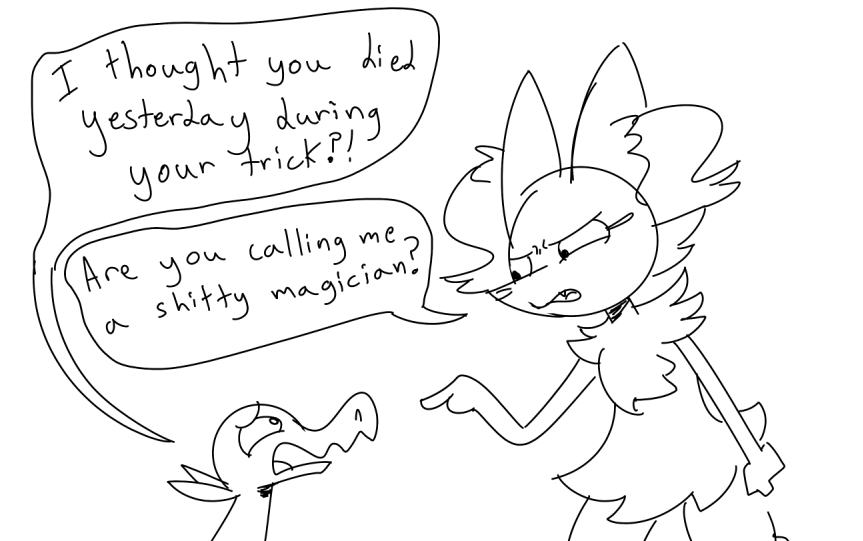 angry anthro black_and_white braixen duo female feral gesture humor male monochrome nintendo not_a_furfag pointing pok&eacute;mon pok&eacute;mon_(species) profanity salandit sketch video_games worried