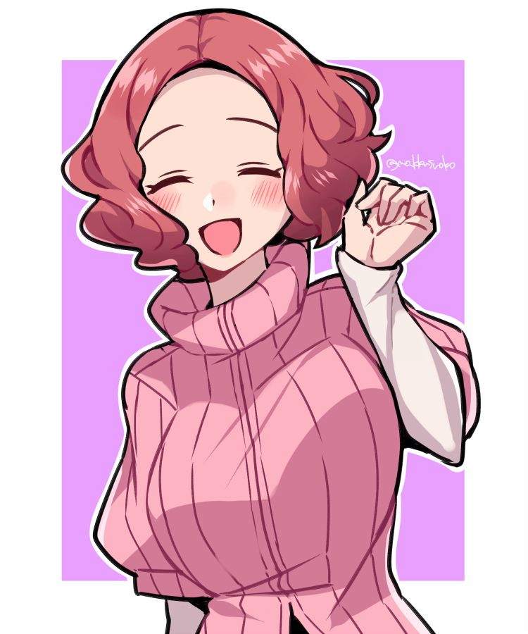 1girl :d ^_^ blush brown_hair closed_eyes commentary do_m_kaeru long_sleeves okumura_haru open_mouth persona persona_5 pink_sweater ribbed_sweater short_over_long_sleeves short_sleeve_sweater short_sleeves smile solo sweater turtleneck twitter_username upper_body