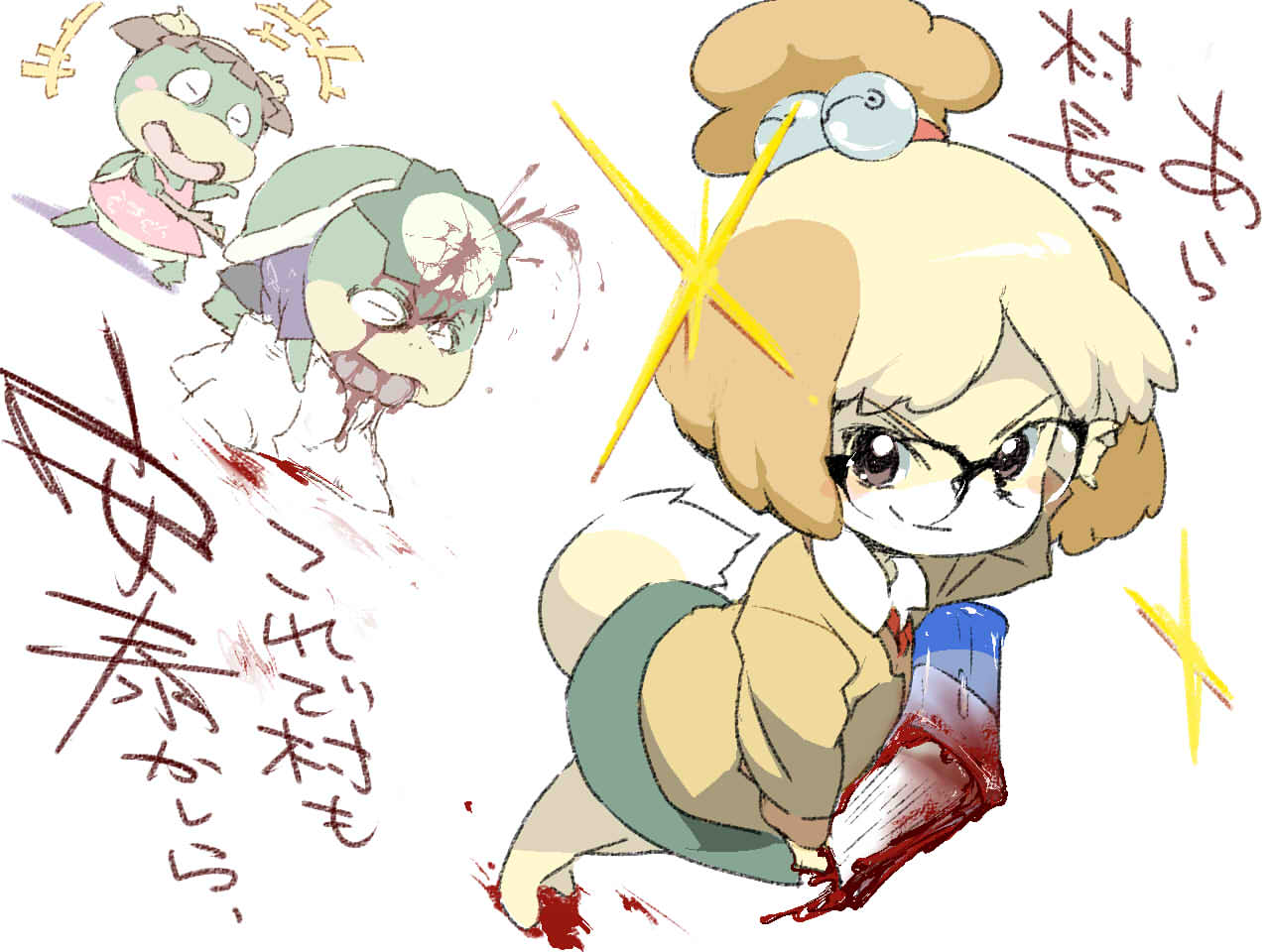 1boy 2girls adjusting_eyewear animal_crossing animal_ears arm_up bangs barefoot bell black-framed_eyewear blonde_hair blood blood_from_mouth blue_shirt blush_stickers brown_eyes brown_hair closed_eyes closed_mouth commentary_request dog_ears dog_girl dog_tail dress dutch_angle flat_chest full_body furry glasses glint green_shorts green_skirt hair_bell hair_ornament hair_tie happy holding injury isabelle_(animal_crossing) jingle_bell jpeg_artifacts kapp'n_(animal_crossing) leila_(animal_crossing) long_sleeves looking_at_viewer lying medaka_ken'ichi miniskirt multiple_girls neck_ribbon on_stomach open_mouth outstretched_arm pink_dress red_neckwear ribbon rock shell shiny shiny_hair shirt short_hair short_sleeves shorts sideways_mouth simple_background skirt sleeveless sleeveless_dress smile solo_focus standing stick sweater tail tied_hair topknot translation_request twintails v-shaped_eyebrows white_background white_shirt yellow_sweater