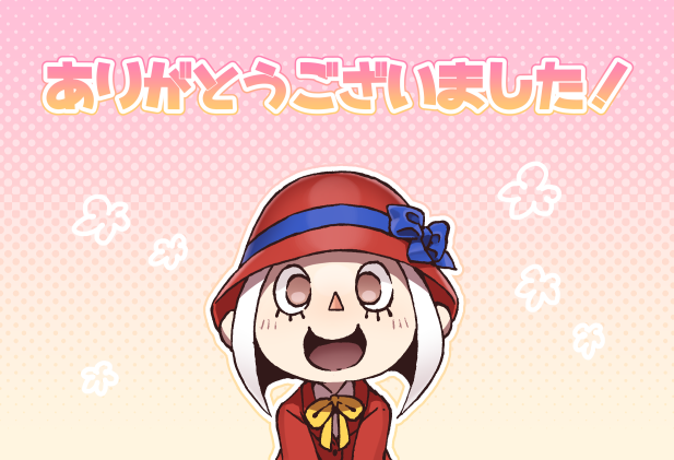 1girl animal_crossing blue_bow blue_ribbon blush bow brown_eyes cloche_hat commentary_request flat_chest flower gradient gradient_background halftone halftone_background happy hat hat_bow hat_ribbon jacket light_blush looking_at_viewer neck_ribbon open_mouth outline pink_background pink_outline red_headwear red_jacket ribbon shirt short_hair sidelocks simple_background smile solo text_focus translated tsutsuji_(hello_x_2) upper_body villager_(animal_crossing) white_hair white_outline white_shirt yellow_ribbon