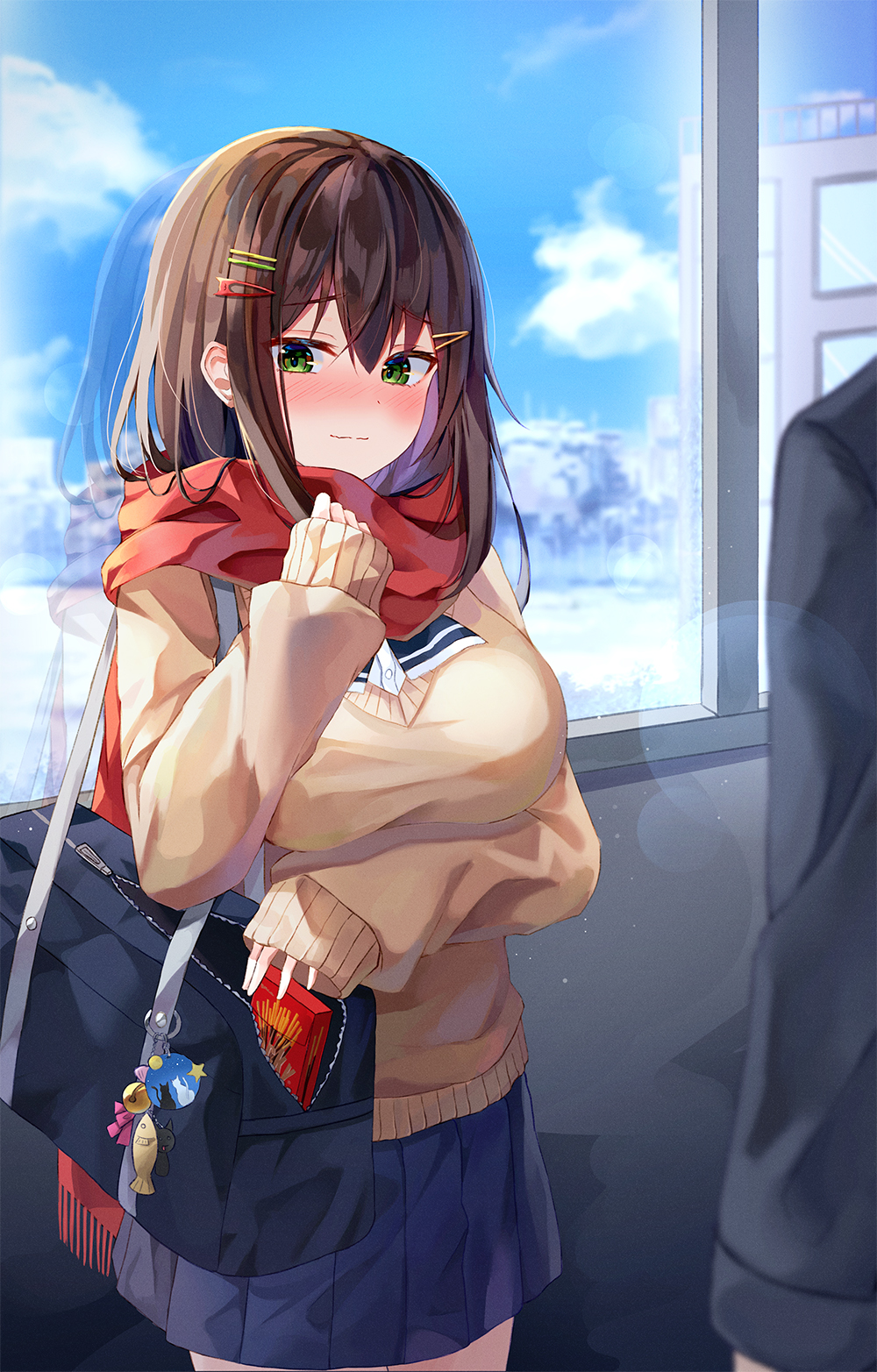 1boy 1girl bag black_hair blue_skirt blue_sky blush breasts brown_hair building day food green_eyes hair_ornament hairclip highres indoors large_breasts lkeris long_hair long_sleeves original pleated_skirt pocky red_scarf reflection scarf school_bag school_uniform shoulder_bag skirt sky solo_focus sweater window yellow_sweater
