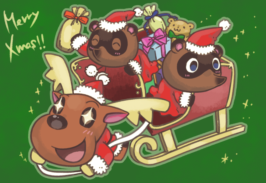 +_+ 3boys alternate_costume animal_crossing animal_ears antlers arm_up blue_eyes blue_ribbon blush bow box brown_eyes christmas closed_eyes commentary_request deer_ears english_text flying full_body fur-trimmed_headwear fur-trimmed_sleeves fur_trim furry gift green_background green_bow green_outline happy hat holding jingle_(animal_crossing) light_blush long_sleeves male_focus multiple_boys no_mouth open_mouth orange_ribbon outline pink_bow pink_ribbon pom_pom_(clothes) raccoon_boy raccoon_ears red_headwear red_ribbon reindeer_boy ribbon santa_hat siblings sideways_mouth simple_background sleigh smile sparkle stuffed_animal stuffed_toy teddy_bear timmy_(animal_crossing) tommy_(animal_crossing) tsutsuji_(hello_x_2) twins