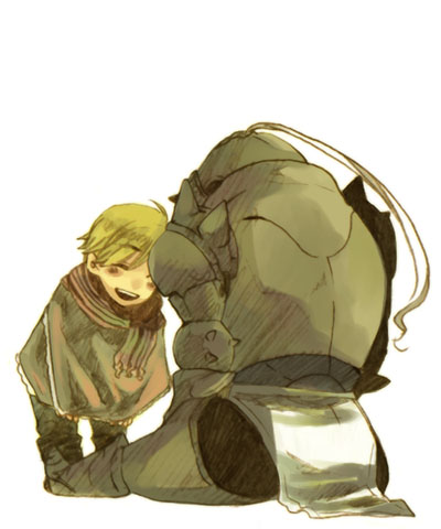 1boy ^_^ alphonse_elric apron armor bangs black_pants blonde_hair blush blush_stickers brown_neckwear brown_scarf brown_theme child closed_eyes commentary_request eishi2003 elbow_spikes eyebrows_visible_through_hair facing_viewer from_behind full_armor full_body fullmetal_alchemist happy helmet hollow laughing leaning leaning_forward legs_apart lowres male_focus no_nose one_eye_covered open_mouth pants partial_commentary scarf shoulder_spikes simple_background smile spikes standing striped striped_scarf swept_bangs tareme teeth upper_teeth waist_apron white_background winter_clothes younger